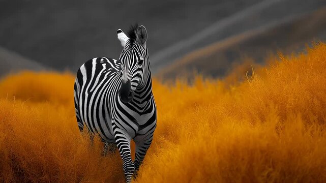 Close-up Profile of a Zebra in Striking Contrast with Golden Yellow Grass on the Savanna