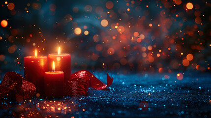 Burning Christmas candles on blue background with festive blurred lights. For winter holiday designs, greeting cards, banners, seasonal backgrounds. Copy space.