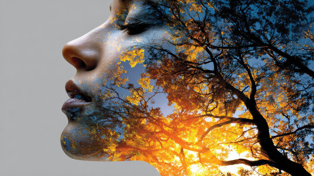 Serene profile of person blends beautifully with vibrant autumn foliage, showcasing body alignment in nature embrace