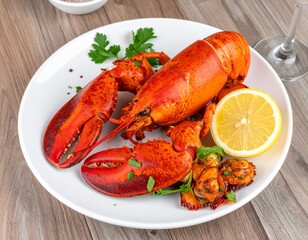 Cooked Lobster with Red Shell and Lemon on Plate for Premium Seafood Food Object and Gourmet Concept