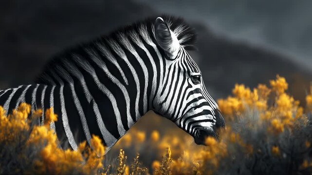 Close-up Profile of a Zebra in Striking Contrast with Golden Yellow Grass on the Savanna