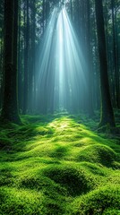 Fototapeta premium Sunlight streams through a dense, mossy forest