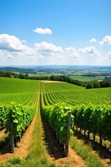Fototapeta premium Sun drenched vineyard landscape in Tuscany, Italy, with rolling hills and cypress trees under a clear blue sky. A breathtaking panoramic view of a sun drenched Tuscan vineyard in Italy. Rolling green