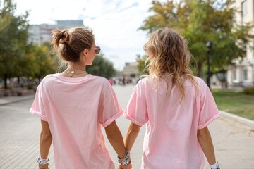 Two women walking hand-in-hand seen from the back wearing oversized pink t-shirts on a city street, symbolizing breast cancer awareness, support, friendship, and togetherness