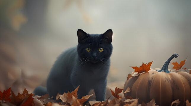 Black cat stands on fallen autumn leaves near pumpkin in misty forest - Powered by Adobe