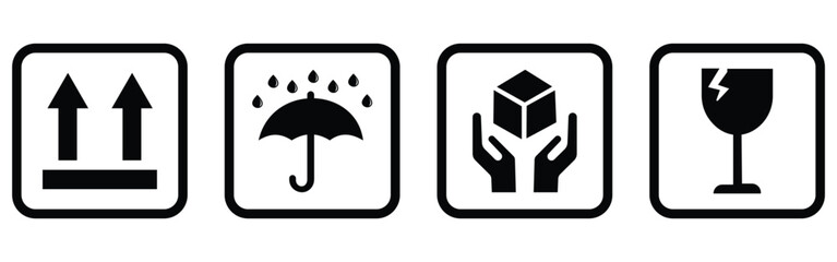 “Fragile Package and Shipping Symbols Set – Handle with Care, Recycle, Delivery and Caution Box Icons Collection”