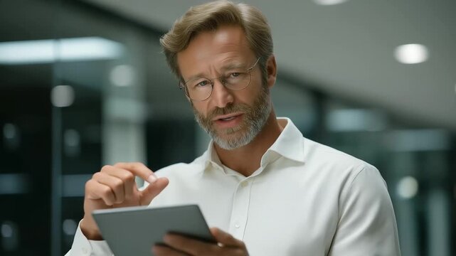 male administrator analyzing emergency stockpile levels via tablet muted warning beep resilience planning three quarter wide angle cinematic color correction gentle backlight
