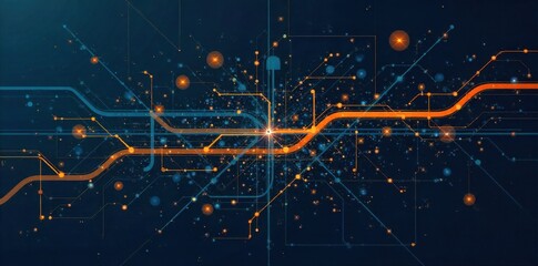 Overhead view of a stylized metro map design, abstracting routes and stations into graphic elements. An abstract, stylized graphic design of a metro map, featuring interconnected lines and nodes in a