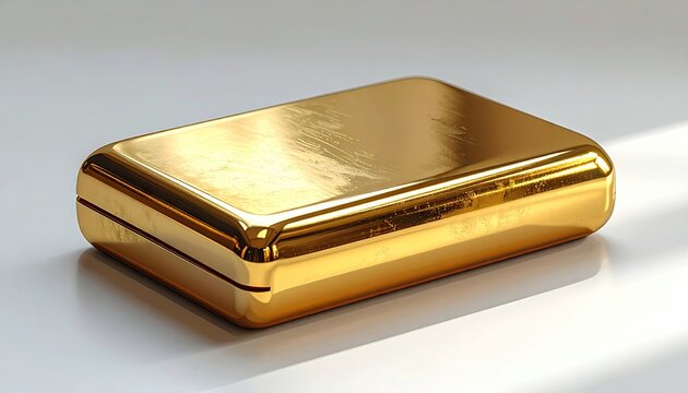 Shiny, golden, rectangular object rests on a white surface, catching the light with a gleaming metallic texture that showcases subtle scratches and a soft, reflective quality, demonstrating luxury...