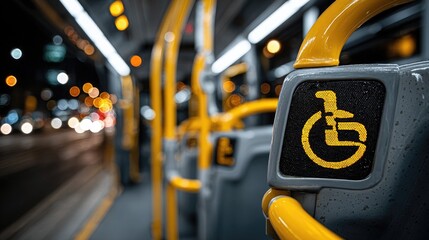 Accessible public transport at night featuring a glowing yellow wheelchair symbol on a bus interior with blurred city lights outside