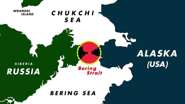 4K Map Animation Of Bering Strait With Rotating Yellow Dotted Circle And Red Pulsing Highlight Showing Alaska, Russia, Siberia, And Labeled Seas