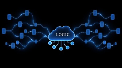 Cloud computing logic network diagram with glowing blue lines connecting data blocks to a central cloud icon labeled LOGIC - Powered by Adobe