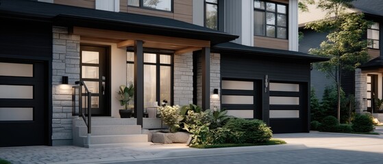 Modern residential architecture featuring elegant entrance and landscaped surroundings in a quiet neighborhood during daylight