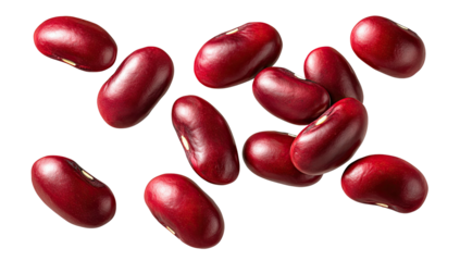 Close-up shot of several smooth, shiny, dark red kidney-shaped beans scattered
