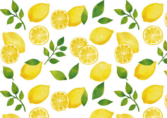 水彩風 レモンのパターン（葉っぱ付きあり）Winter Fruits Series:Watercolor lemon pattern (with leaves)