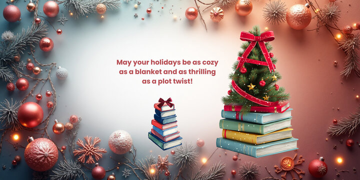 may your holidays be as cozy as a blanket and as thrilling as a plot twist! original greetings for readers & book lovers with christmas tree on a pile of books