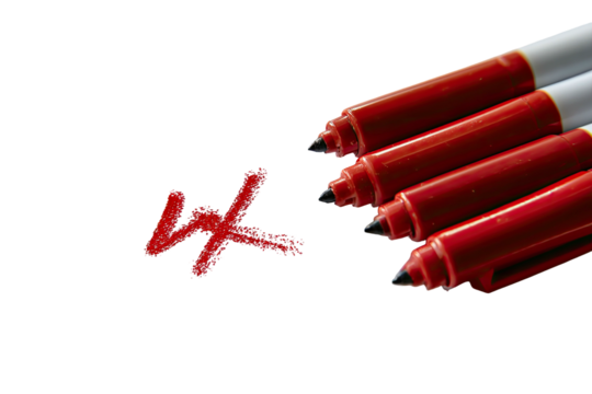Vivid red markers alongside a hand-drawn, red X mark against a stark black backdrop