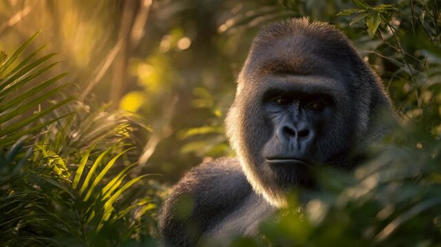 Intense Close-up Portrait of a Mountain Gorilla Staring from Behind Jungle Foliage