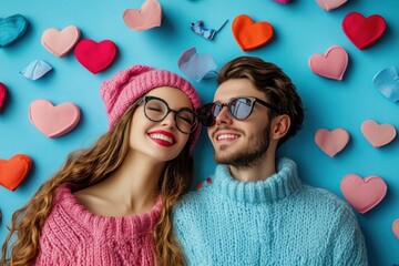 Couple enjoying a playful moment surrounded by colorful heart decorations on a blue background