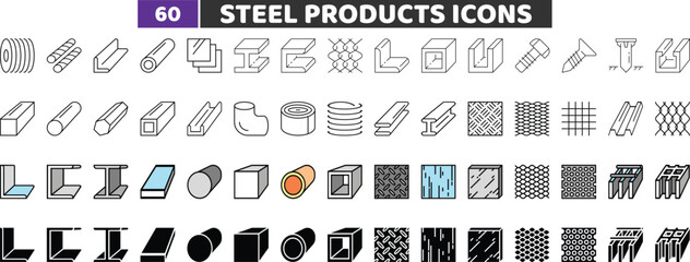 Steel Products and Construction Materials Icons Set, Metal Beam and Tube Vector Collection