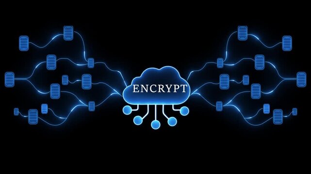 Encrypted Cloud Network with Glowing Blue Data Connections encryption