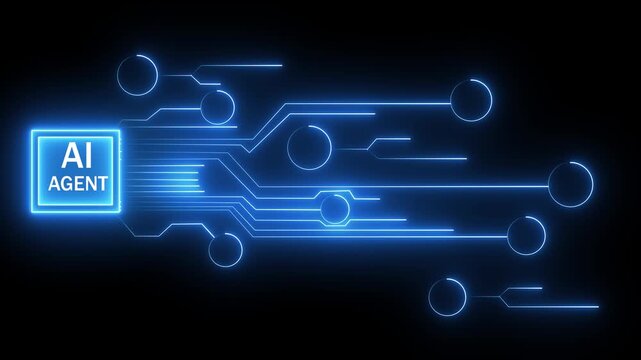 AI Agents Circuit Board with Glowing Cyan Lines and Nodes on Black Background artificial Glowing Lines and Square Chip on Black Background abstract binary 4k video