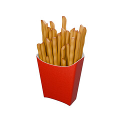 Perspective 3D Render of Sticky French Fries on Red Packaging Illustration
