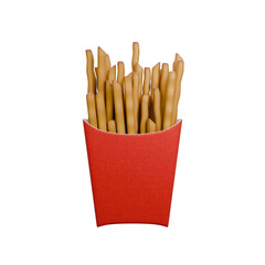 Front View 3D Render of French Fries on Red Packaging Illustration