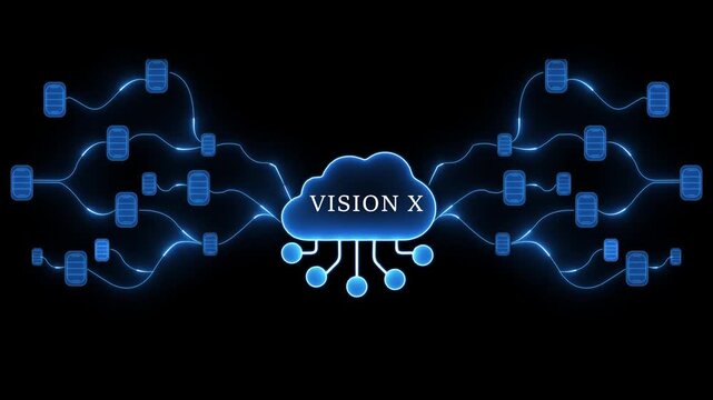 Futuristic Cloud Network with Glowing Blue Connections and Data Nodes Keywords: cloud computing, network, data, connection, technology, abstract, digital, information, system, storage, server