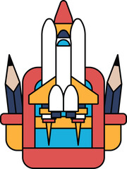 A black and white drawing of a rocket with a pencil and a pen on top of it