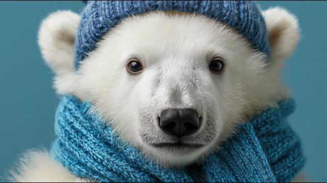 A young polar bear wearing a blue knitted hat and scarf. The bear has white fur and a curious expression, set against a light blue background.