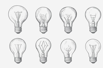 Set of eight hand drawn sketch style light bulbs with varied filament designs in minimalist black and white vector illustration for creative concepts and energy ideas