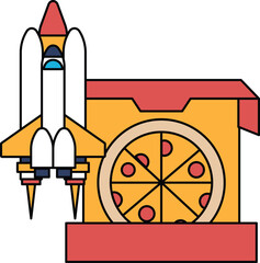 A rocket is flying in the sky above a pizza