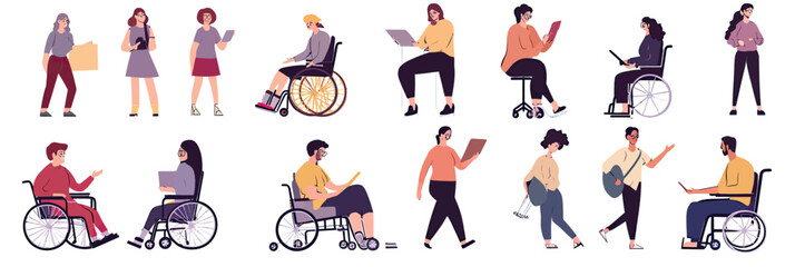 Fototapeta premium Group of diverse people with disabilities using wheelchairs and prosthetic devices engaging in social activities and communication flat vector illustration