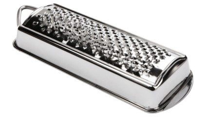 Close-up of a shiny, metallic rectangular kitchen grater with perforations and a handle