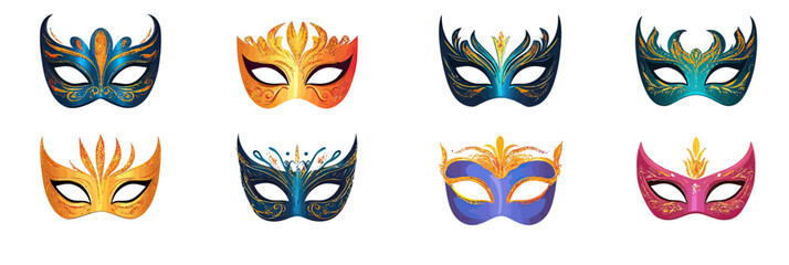 Set of eight colorful flat minimalist masquerade masks with ornamental designs for carnival party costume and festive celebration collection vector illustration