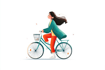 Obraz premium A young woman with long dark hair rides a bicycle. She wears a green coat and red pants. The scene conveys a sense of freedom and outdoor activity.