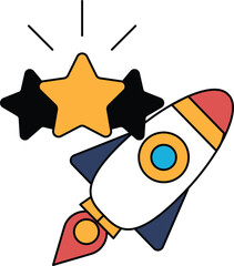 A rocket is flying through the sky with three stars surrounding it