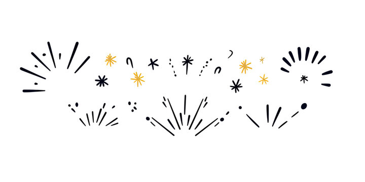 Set of abstract burst and sparkle line icons with rays and stars, minimal decorative fireworks elements for design and celebration accents vector illustration