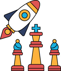 A rocket is flying over a chessboard with a king and two pawns