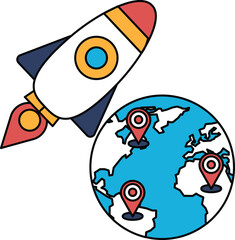 A rocket is flying through space and is surrounded by a globe
