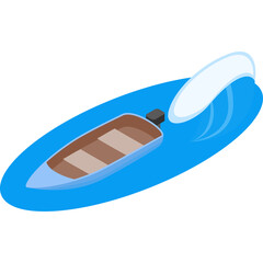 Isometric light blue boat floating on bright blue water with a white wave crest behind it on a transparent background
