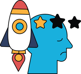 A rocket is flying through the sky and is surrounded by stars