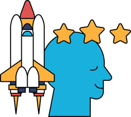 A rocket is flying in the sky and a person is smiling