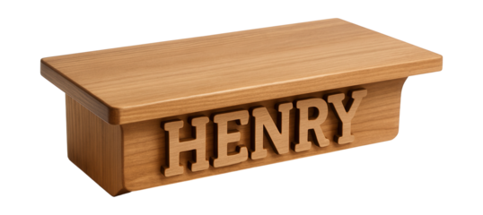 A wooden wall shelf with custom name cutouts, ideal for showcasing trophies in a child's