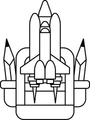 A black and white drawing of a rocket with a pencil and a pen on top of it