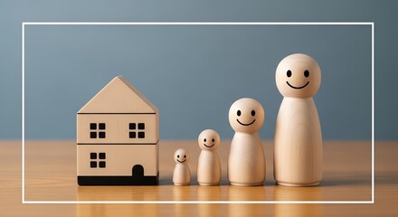 Wooden figures represent a smiling family standing beside a blocky house on a shiny table