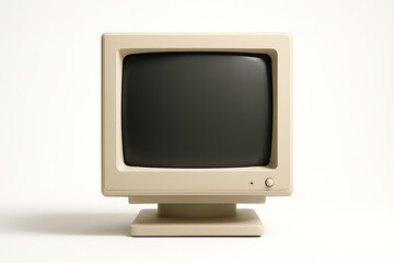Vintage beige computer monitor with a blank black screen on a white background