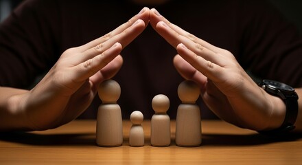 Human hands protect wooden figures representing a family on a wooden table, symbolizing safety.