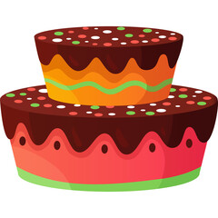 Two Tier Chocolate Cake With Orange Frosting And Green Wavy Stripes And Red Base With Green Frosting And Colorful Sprinkles On Transparent Background
